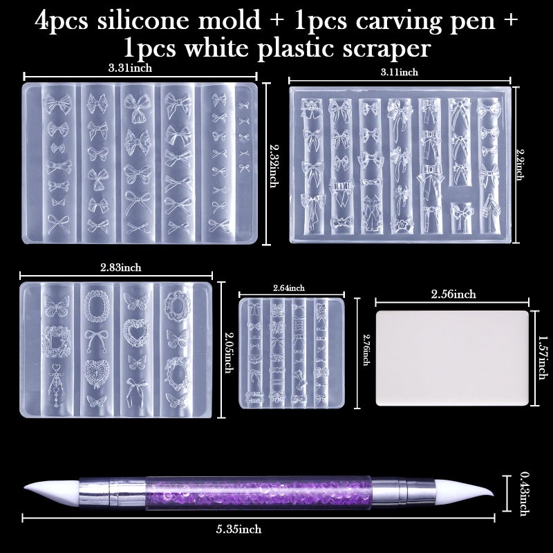 Laza 4pcs Silk Bowknot Silicone Nail Art Molds, Acrylic 3D Bowknot Nail Charms Molds Clear Modeling Templates Silicone Bow Pattern Nail Tools with Sculpture Pen for Salon Nail Design Resin Epoxy DIY - Image 3