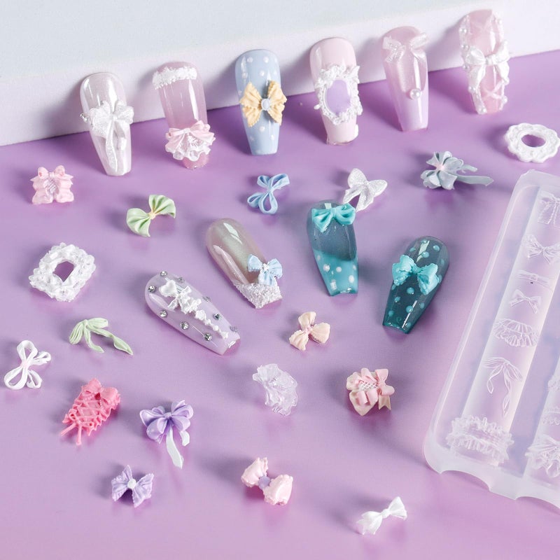 Laza 4pcs Silk Bowknot Silicone Nail Art Molds, Acrylic 3D Bowknot Nail Charms Molds Clear Modeling Templates Silicone Bow Pattern Nail Tools with Sculpture Pen for Salon Nail Design Resin Epoxy DIY - Image 4