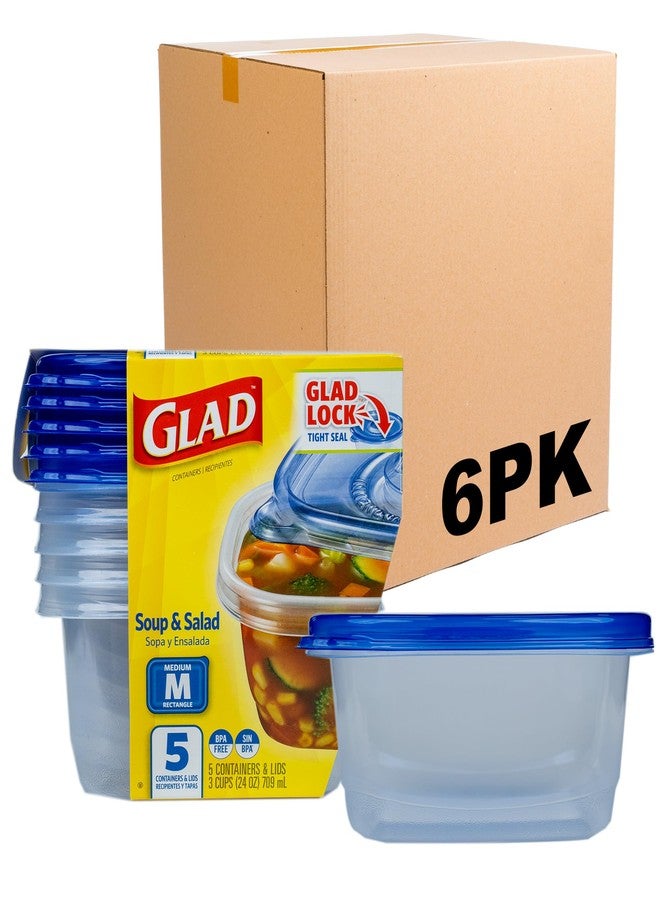Glad GladWare Medium Rectangle Food Storage Containers with Lids, BPA Free Plastic for Soups Salads and Meal Prep, Airtight Leak Resistant, Microwave Dishwasher Freezer Safe, 24 Oz, 5 Count - 6 Pack - Image 1