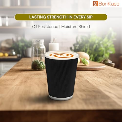 BonKaso 250ml Ripple Paper Glass – Black Disposable Coffee Cups | Triple Layer Insulated Paper Cups for Hot & Cold Beverages, Tea, Coffee, Juice & More – Pack of 25 - Image 2