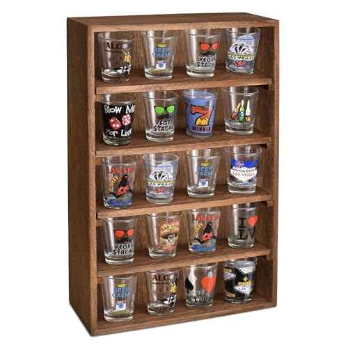 Ikee Design Wooden Wall-Mounted Display Shelves Rack for Collectibles-Figures,Shot Glasses,Spice Can,Cosmetics or Perfume-5 Adjustable Height Shelves,Space-Saving- Brown Color - Image 1