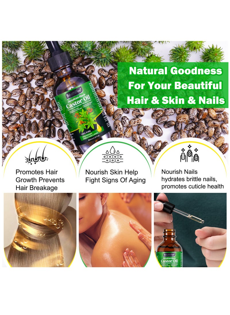 Bestniffes - 60ml Jamaican Black Cold Pressed Castor Oil for Hair and Skin Care Eyelashes and Eyebrows Hair Loss & Dry Damaged Hair Nourishment Scalp Stimulates Hair Growth for Men & Women - Image 1