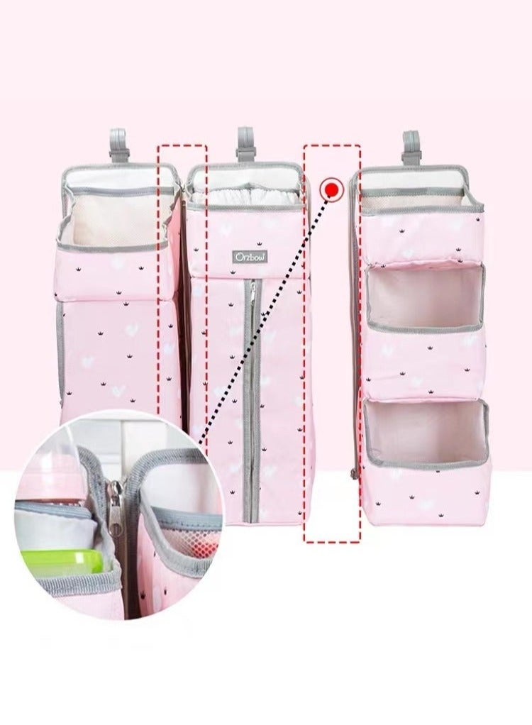 عربست منظم أطفال 3 في 1 وحافظة أطفال، تخزين منظمة حفاظات الأطفال المعلقة لأساسيات الأطفال، تعليق على سرير الطفل، تغيير طاولة أو حائط (وردي) - Image 3