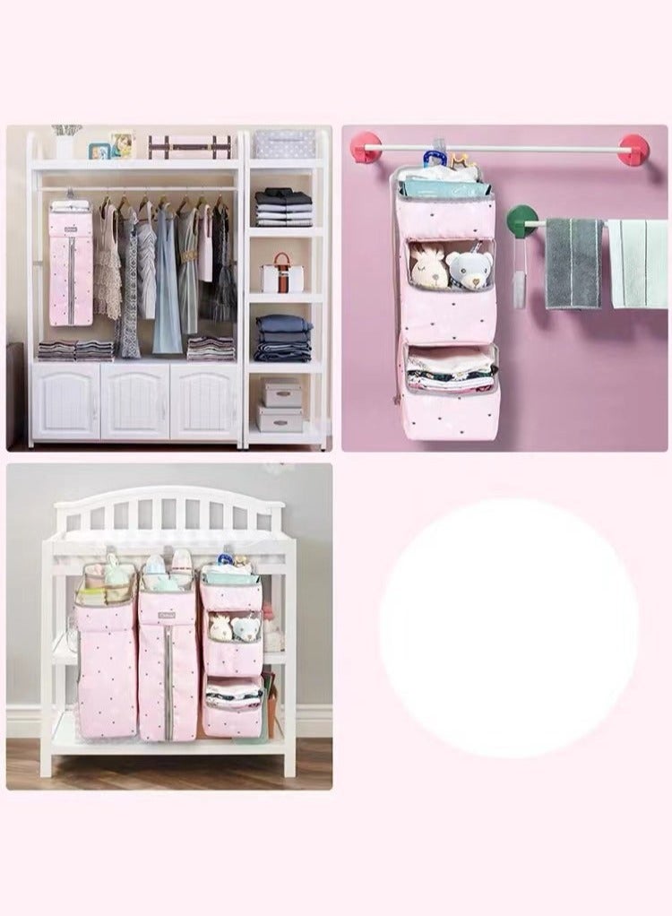 عربست منظم أطفال 3 في 1 وحافظة أطفال، تخزين منظمة حفاظات الأطفال المعلقة لأساسيات الأطفال، تعليق على سرير الطفل، تغيير طاولة أو حائط (وردي) - Image 5