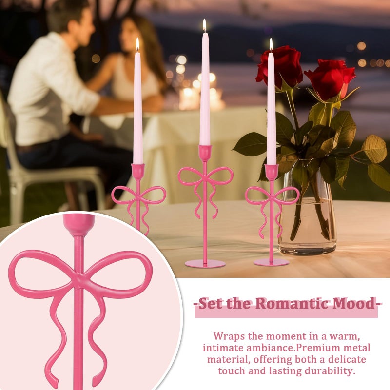 NEEDOMO Valentines Day Decorations, Set of 3 Pink Bow Metal Candlestick Holders for Valentines Decor, Taper Candle Holders Table Centerpieces for Romantic Wedding Party Mantel Decor - Image 5