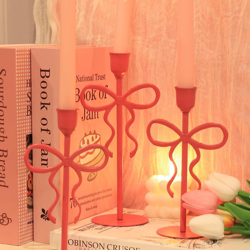 NEEDOMO Valentines Day Decorations, Set of 3 Pink Bow Metal Candlestick Holders for Valentines Decor, Taper Candle Holders Table Centerpieces for Romantic Wedding Party Mantel Decor - Image 4