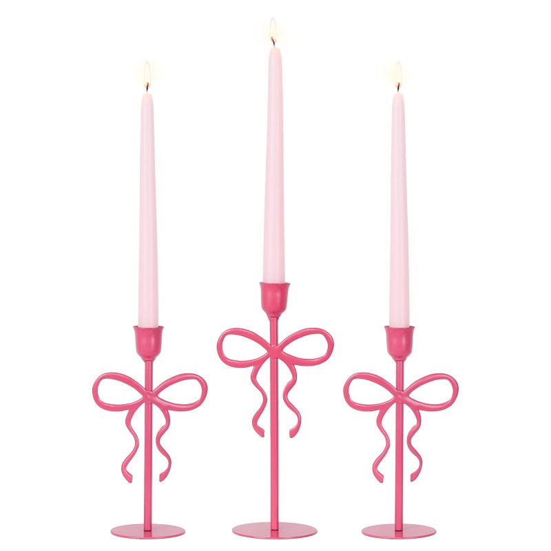 NEEDOMO Valentines Day Decorations, Set of 3 Pink Bow Metal Candlestick Holders for Valentines Decor, Taper Candle Holders Table Centerpieces for Romantic Wedding Party Mantel Decor - Image 1