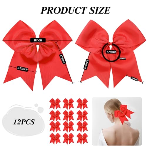 TUUXI 12pcs Large Cheering Bows 8 Inch Red Cheerleading Bows with Elastics Hair Ties Bands Ponytail Holder for Cheerleader Softball Football Competition College Sport - Image 3