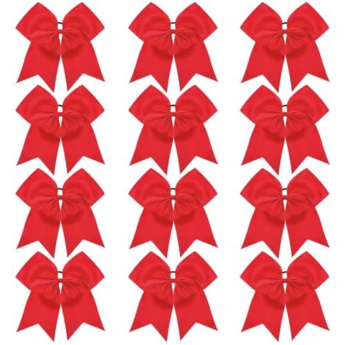 TUUXI 12pcs Large Cheering Bows 8 Inch Red Cheerleading Bows with Elastics Hair Ties Bands Ponytail Holder for Cheerleader Softball Football Competition College Sport - Image 1