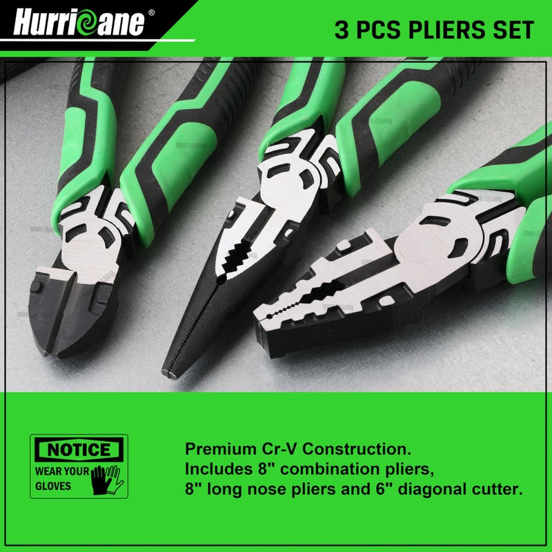 HURRICANE 3-Piece Pliers Set - Heavy-Duty with 8-Inch Linesman, Needle Nose Pliers and 6-Inch Diagonal Cutters for Basic Repair - Image 4