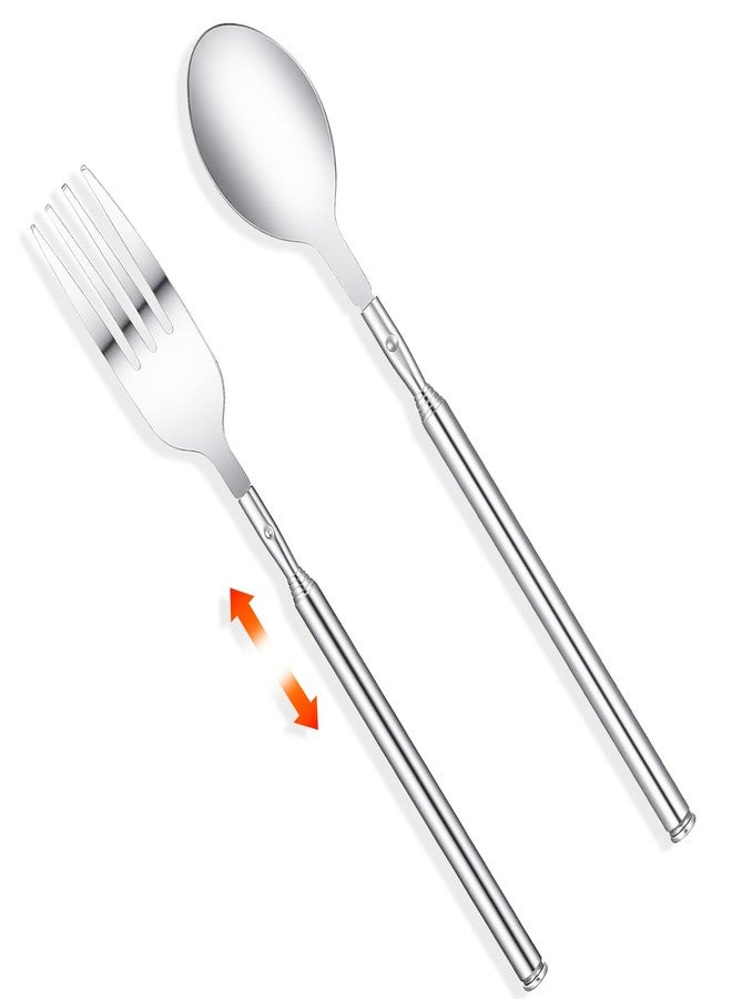 HaiFafafaing 2 Pcs Extendable Fork and Spoon 8.7 To 25.5in Stainless Steel Telescopic Fork Extendable Spoon Long Retractable Tableware Extends For Bbq Dinner Fruit Dessert Camping Travel - Image 1