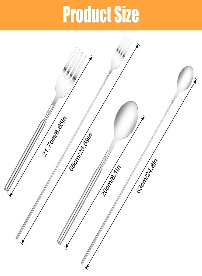 HaiFafafaing 2 Pcs Extendable Fork and Spoon 8.7 To 25.5in Stainless Steel Telescopic Fork Extendable Spoon Long Retractable Tableware Extends For Bbq Dinner Fruit Dessert Camping Travel - Image 2