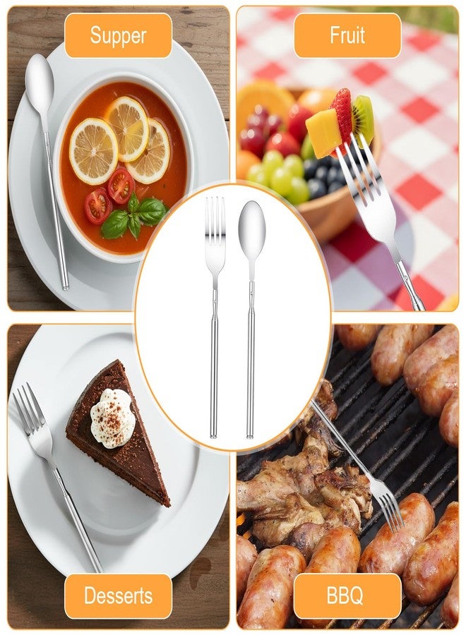 HaiFafafaing 2 Pcs Extendable Fork and Spoon 8.7 To 25.5in Stainless Steel Telescopic Fork Extendable Spoon Long Retractable Tableware Extends For Bbq Dinner Fruit Dessert Camping Travel - Image 3