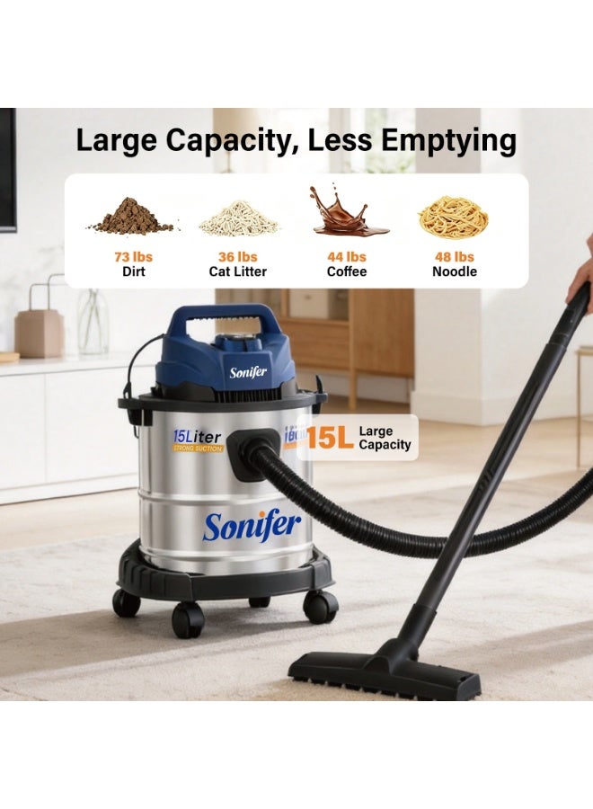 Sonifer SF-2292 1800W Vacuum Cleaner with 15L Capacity, Wet and Dry Vacuuming, Powerful Motor, Stainless Steel Collection Tank, Blower Function, Durable Construction, Flexible Hose and Wheels for Convenient Home, Office and Car Cleaning - Image 1