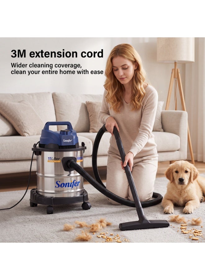 Sonifer SF-2292 1800W Vacuum Cleaner with 15L Capacity, Wet and Dry Vacuuming, Powerful Motor, Stainless Steel Collection Tank, Blower Function, Durable Construction, Flexible Hose and Wheels for Convenient Home, Office and Car Cleaning - Image 5