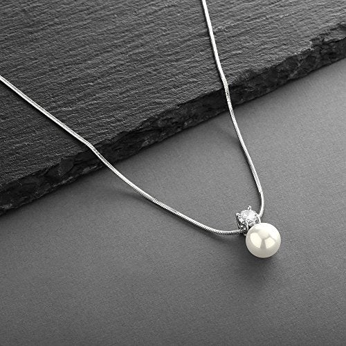 Mariell White Pearl Bridal, Bridesmaid Necklace with Cubic Zirconia Crystal, Pearl Wedding Jewelry, Perfect for Mother of the Bride, Birthday Gift, Everyday Wear - Image 4