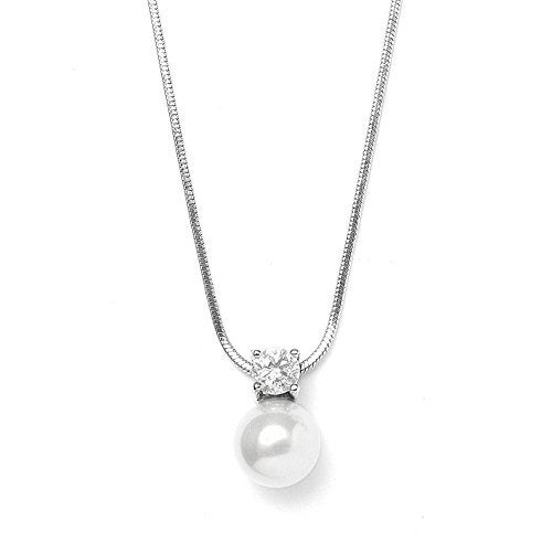 Mariell White Pearl Bridal, Bridesmaid Necklace with Cubic Zirconia Crystal, Pearl Wedding Jewelry, Perfect for Mother of the Bride, Birthday Gift, Everyday Wear - Image 1