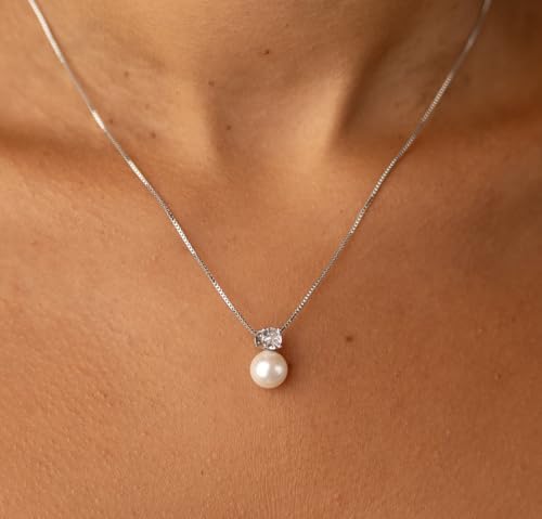 Mariell White Pearl Bridal, Bridesmaid Necklace with Cubic Zirconia Crystal, Pearl Wedding Jewelry, Perfect for Mother of the Bride, Birthday Gift, Everyday Wear - Image 3