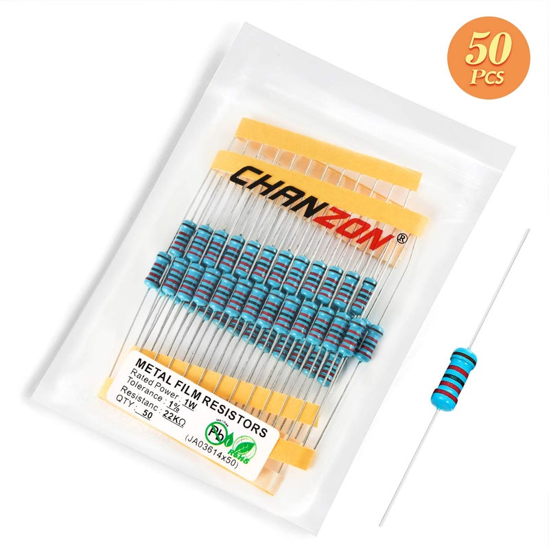 CHANZON 50pcs 1W 22K Ω ohm 22000r Metal Film Fixed Resistor 0.01 ±1% Tolerance 22KR MF Through Hole Resistors Current Limiting Rohs Certificated - Image 5