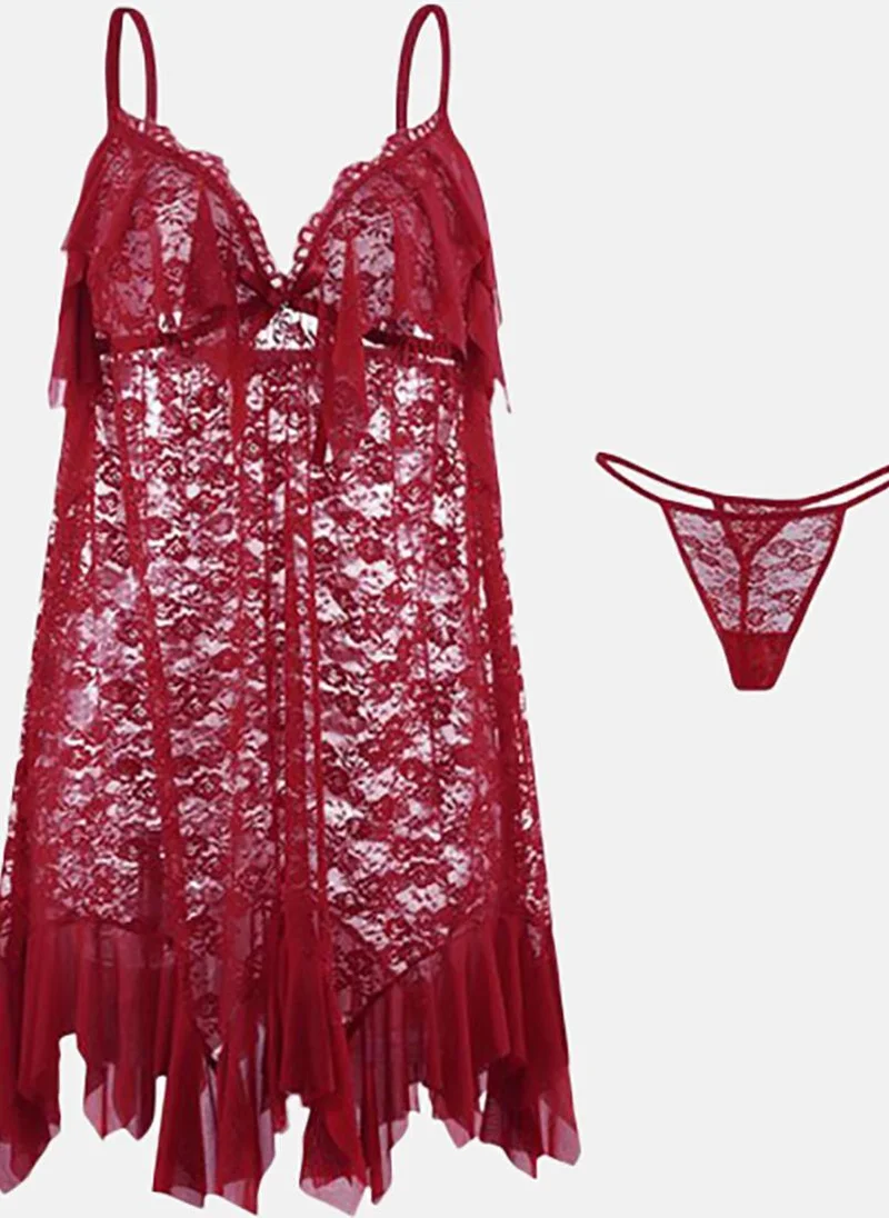 YUNIQEE Maroon Solid Babydoll with Briefs