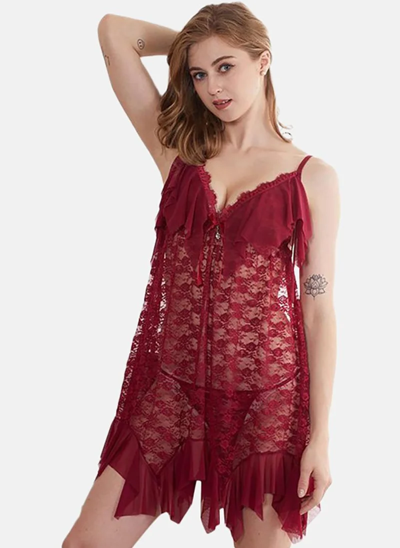 YUNIQEE Maroon Solid Babydoll with Briefs