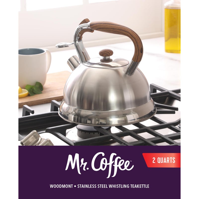 Mr. Coffee Woodmont 2-Quart Stainless Steel Tea Kettle With Wood Handle, Stovetop Whistling Kettle, Durable Fast-Boil Tea Pot - Image 2