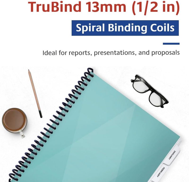 TruBind 13mm (1/2 in.) Spiral Binding Coils for Reports, Presentations and Proposals | 4:1 Pitch | 12 in. Length | Black | 105 Sheets Binding Capacity | 100 Pack - Image 2