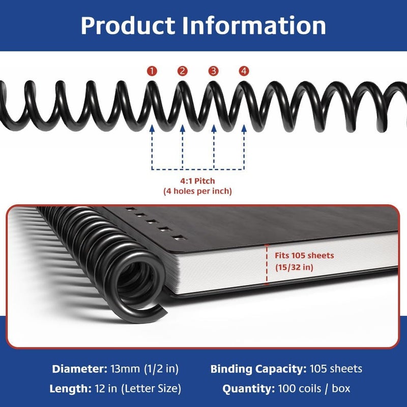 TruBind 13mm (1/2 in.) Spiral Binding Coils for Reports, Presentations and Proposals | 4:1 Pitch | 12 in. Length | Black | 105 Sheets Binding Capacity | 100 Pack - Image 4