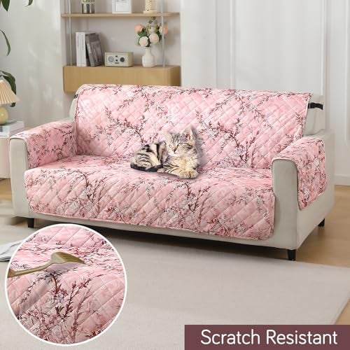 HOKIPO Polyester Quilted Printed Waterproof Sofa Cover Mat For 3 Seater Sofa With Pockets On Armrest Cover - Blossom Flower Pink (AR-5228-P5) - Image 5