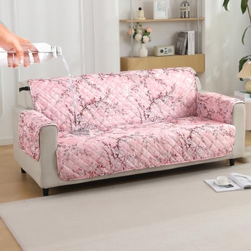 HOKIPO Polyester Quilted Printed Waterproof Sofa Cover Mat For 3 Seater Sofa With Pockets On Armrest Cover - Blossom Flower Pink (AR-5228-P5) - Image 1