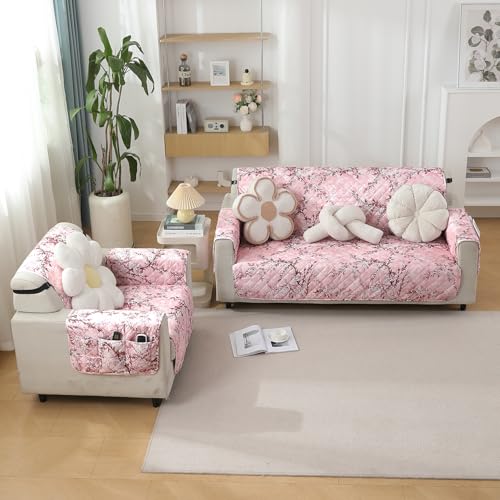 HOKIPO Polyester Quilted Printed Waterproof Sofa Cover Mat For 3 Seater Sofa With Pockets On Armrest Cover - Blossom Flower Pink (AR-5228-P5) - Image 4