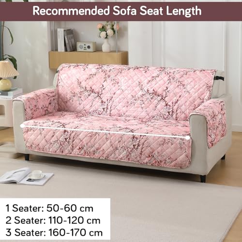 HOKIPO Polyester Quilted Printed Waterproof Sofa Cover Mat For 3 Seater Sofa With Pockets On Armrest Cover - Blossom Flower Pink (AR-5228-P5) - Image 3