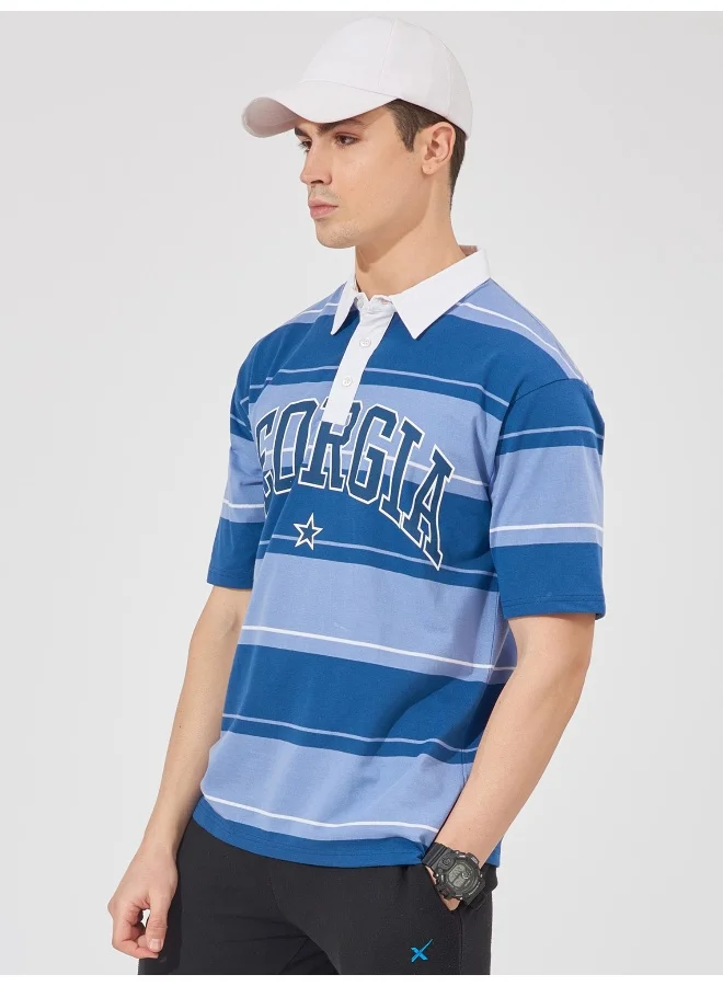 Maniac Mens Polo Neck Printed & Striped Half Sleeve Navy and Blue Cotton Slim Fit T-Shirt