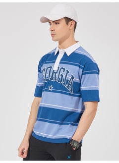 Maniac Mens Polo Neck Printed & Striped Half Sleeve Navy and Blue Cotton Slim Fit T-Shirt  - Image 4