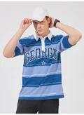 Maniac Mens Polo Neck Printed & Striped Half Sleeve Navy and Blue Cotton Slim Fit T-Shirt