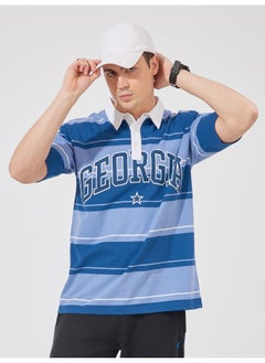 Maniac Mens Polo Neck Printed & Striped Half Sleeve Navy and Blue Cotton Slim Fit T-Shirt  - Image 1
