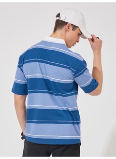 Maniac Mens Polo Neck Printed & Striped Half Sleeve Navy and Blue Cotton Slim Fit T-Shirt  - Image 2