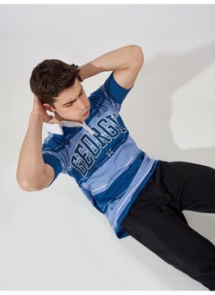 Maniac Mens Polo Neck Printed & Striped Half Sleeve Navy and Blue Cotton Slim Fit T-Shirt  - Image 5