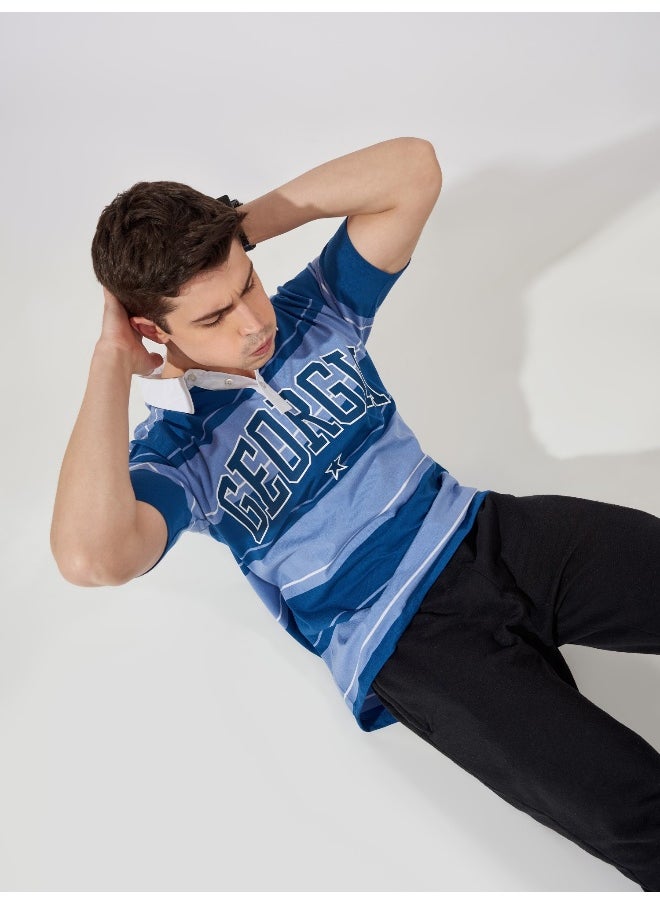 Maniac - Mens Polo Neck Printed & Striped Half Sleeve Navy and Blue Cotton Slim Fit T-Shirt - Image 1
