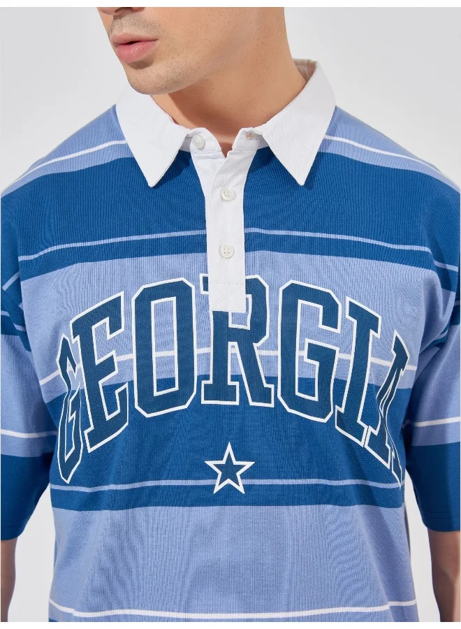 Maniac Mens Polo Neck Printed & Striped Half Sleeve Navy and Blue Cotton Slim Fit T-Shirt