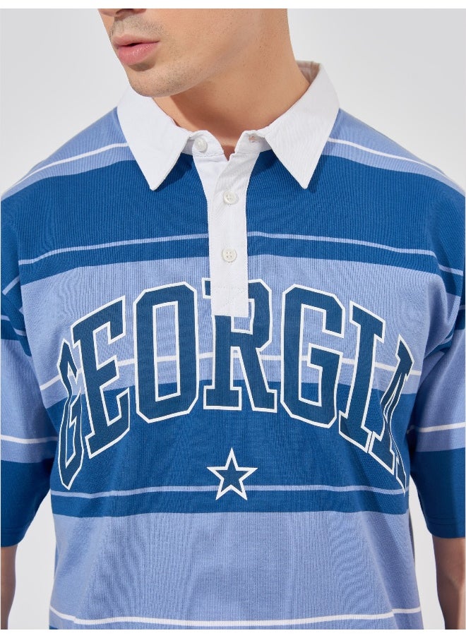 Maniac - Mens Polo Neck Printed & Striped Half Sleeve Navy and Blue Cotton Slim Fit T-Shirt - Image 1