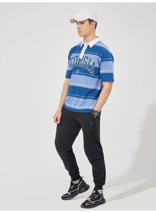 Maniac Mens Polo Neck Printed & Striped Half Sleeve Navy and Blue Cotton Slim Fit T-Shirt