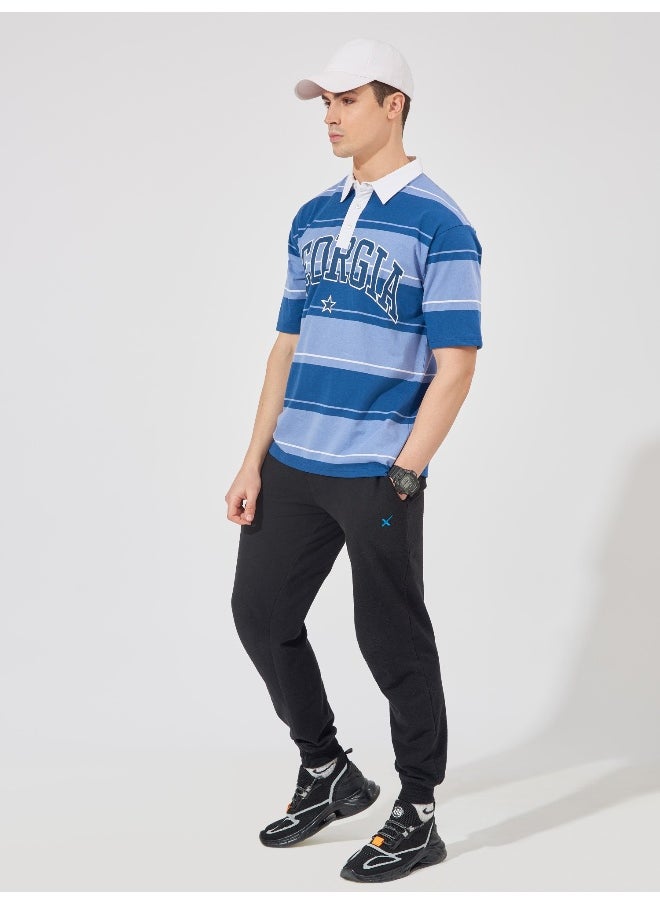 Maniac - Mens Polo Neck Printed & Striped Half Sleeve Navy and Blue Cotton Slim Fit T-Shirt - Image 1