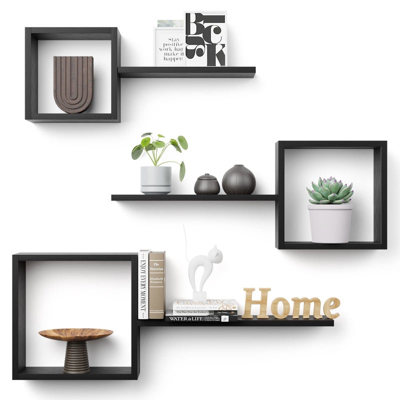 Wooden Square Floating Shelves Wall Mount  Set of 6 Cube Shelves Geometric Wall Decor for Bedroom Living Room Bathroom Kitchen Office  Black