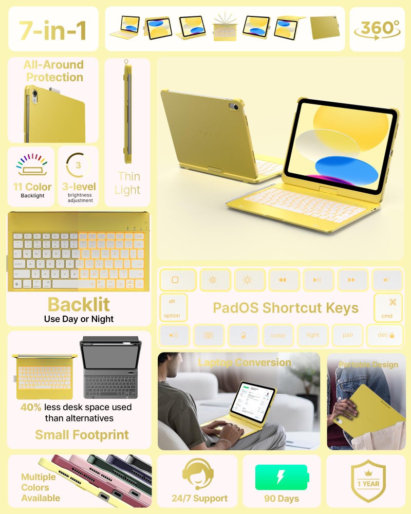 typecase Flexbook Keyboard Case for iPad 11th (A16, 2025) and iPad 10th Gen (10.9", 2022) – No Trackpad, 11-Color Backlight, 360° Rotatable, 7 Use Modes, Thin & Lightweight – Yellow - Image 3