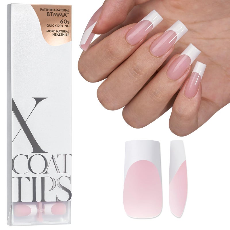 BTArtboxnails French Tip Press on Nails - XCOATTIPS White French Tip Nails, Pink Long Square Nail Tips, Soak Off Acrylic Fake Nails Extensions - Image 1