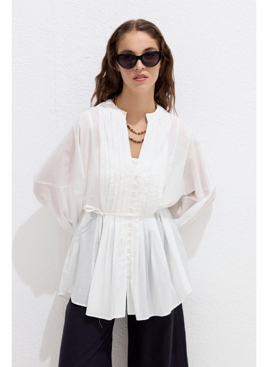 Ribbed Detail Voile Tunic Ecru
