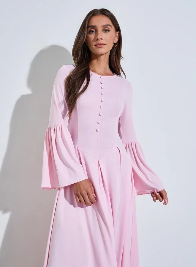 Styli  Pink Solid Button Detail Long Bell Ruffled Sleeves A-Line Maxi Dress for Women | Best Price UAE