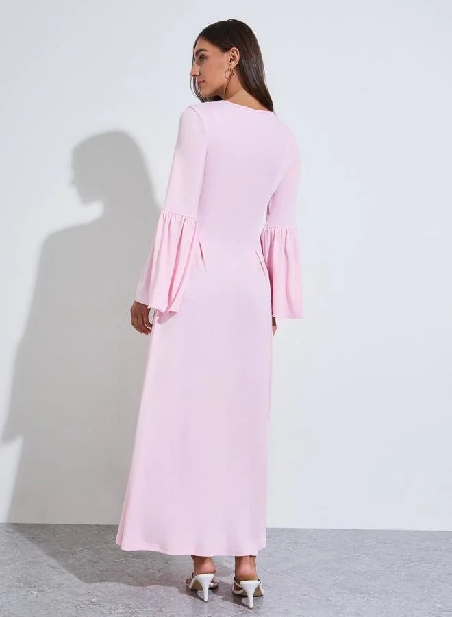 Styli  Pink Solid Button Detail Long Bell Ruffled Sleeves A-Line Maxi Dress for Women | Best Price UAE