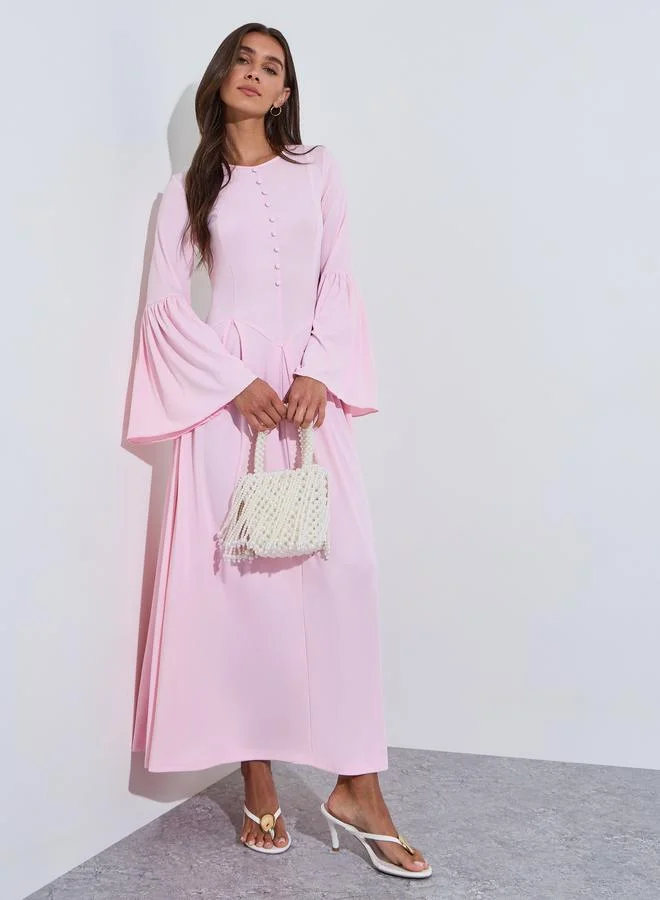 Pink Solid Button Detail Long Bell Ruffled Sleeves A-Line Maxi Dress